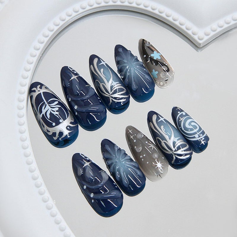 CJDLTS Dark Black Medium Almond Shaped Silver Stripe with Starry Sky Bubble Design Stick on Nails Full Cover Reusable Coffin Press on Nails Artificial Acrylic Fingernails for Women Manicure 24Pcs - Image 2